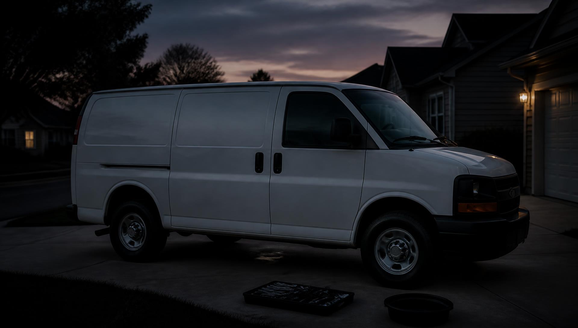 Mobile oil change service van parked in a residential driveway at dusk