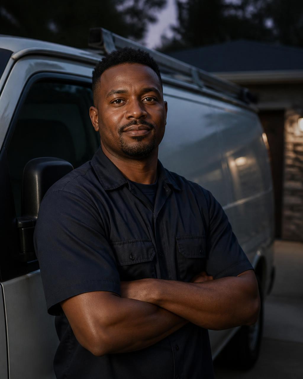 Jacob Washington, owner of Oil or Nothing, standing beside his service van